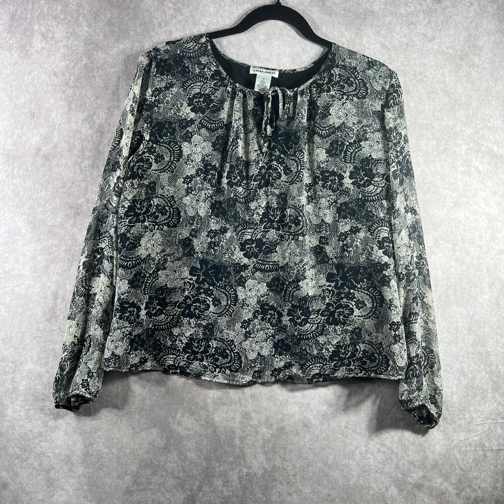 Laura Ashley Blouse Womens Size 12 Black Floral Silk Long Sleeve Tie Neck Boho
